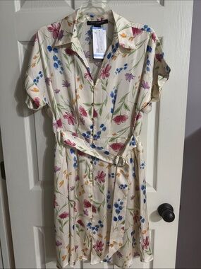French Connection Cream Floral Shirt Dress with Belt L